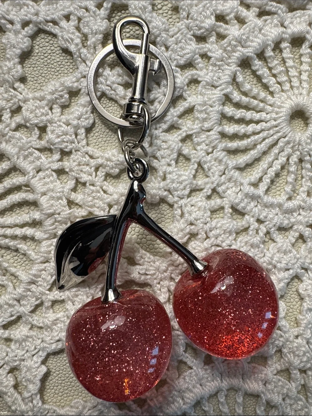 Pink Glitter Cherry Keychain Bag Charm